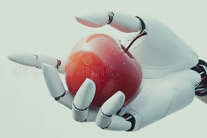 Robotas rankoje laikantis obuol