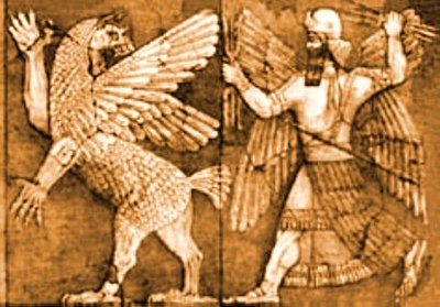 Mardukas nuudo Tiamat. Bareljefas